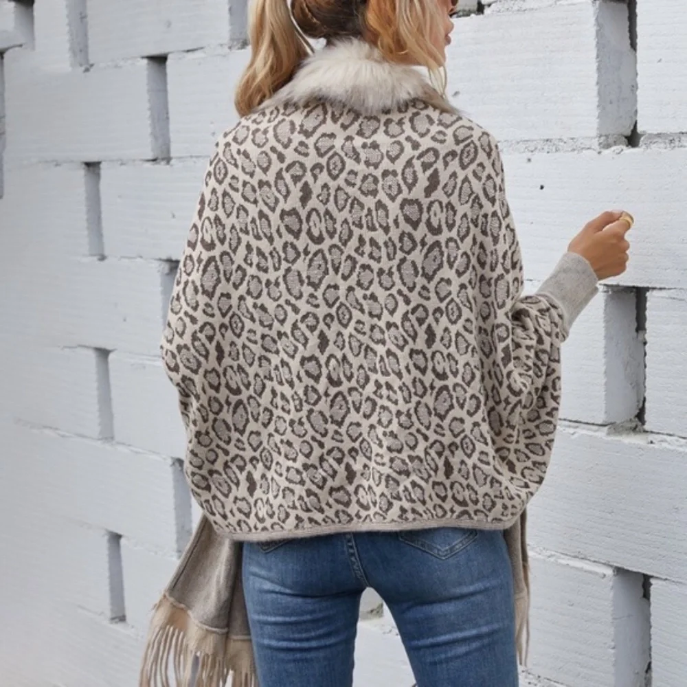 Cozy vegan fur leopard print tassel poncho cardigan